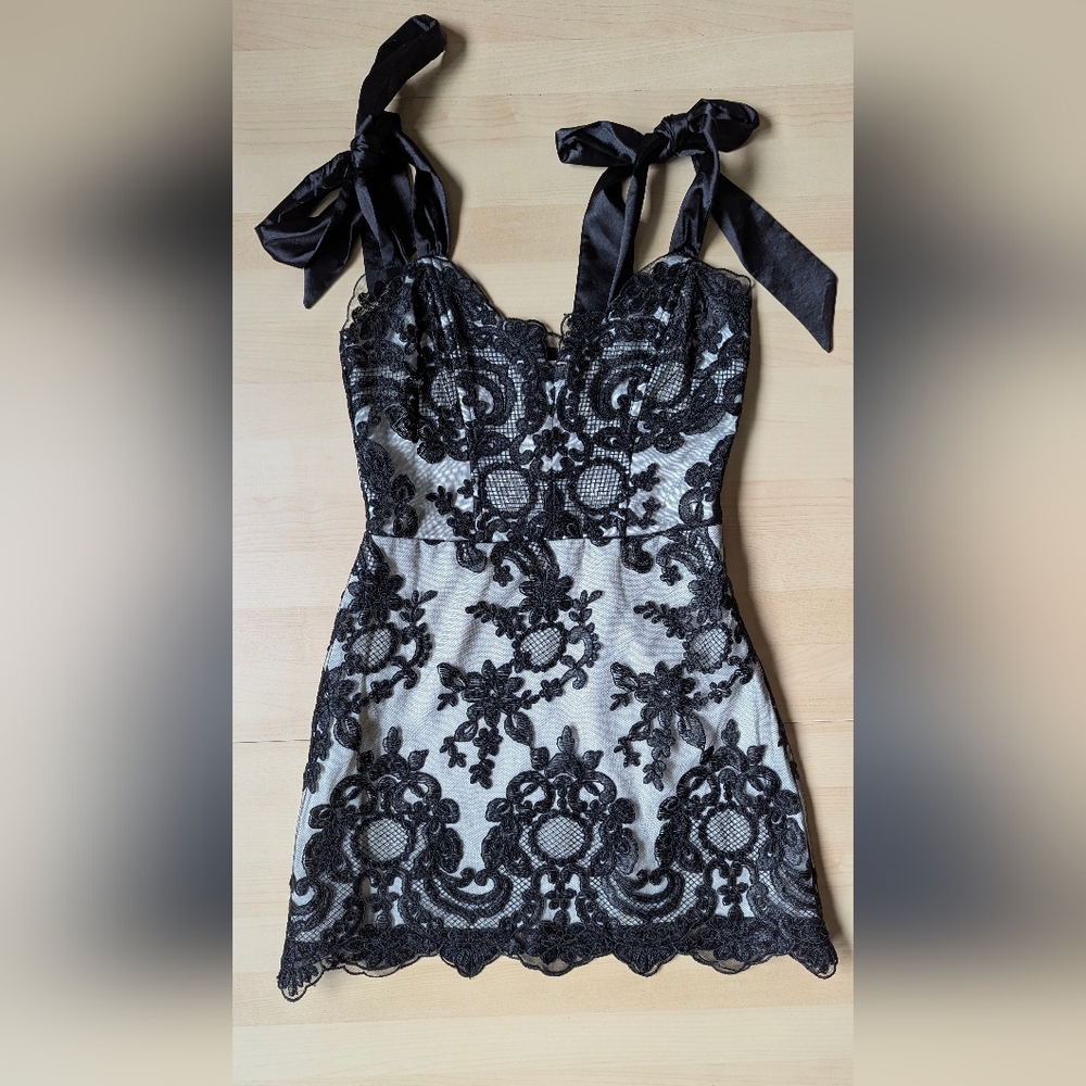 Dolls Kill Black Lace Overlay Strapless Mini Dress with Ribbon Ties